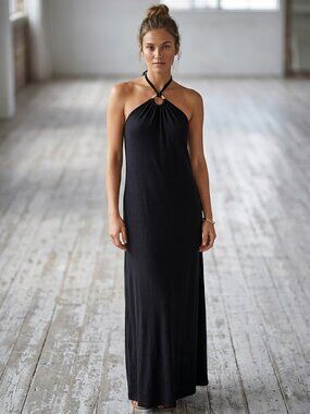 Old Navy Black Halter Neck Maxi Dress with Wooden Ring Detail